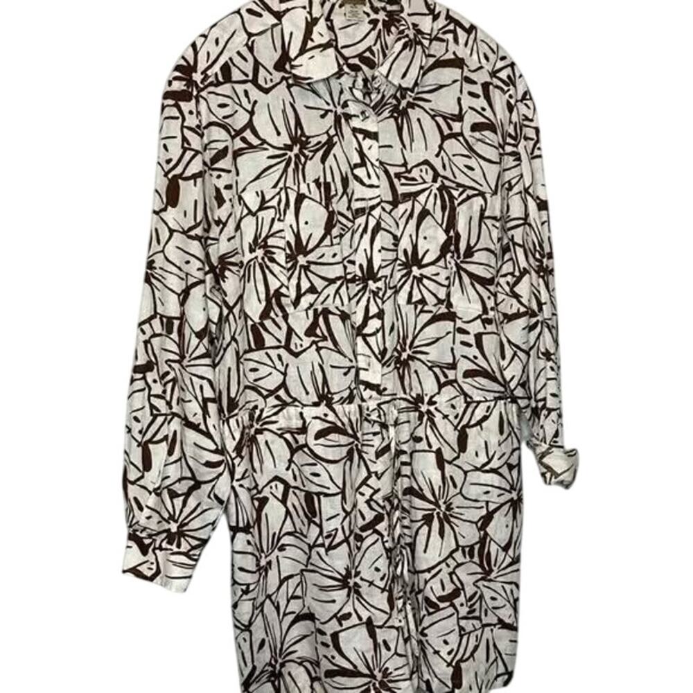 NWOT Magaschoni Long Sleeve Linen Romper - Size M - Brown Leaf Print - Pockets!